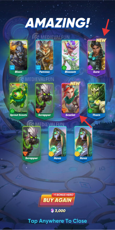 Triumph Fantasy RPG summon in 10 results (obtained 2 Elite heroes)