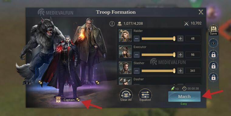 Creating a formation of heroes and units and how to save formation presets in Return of Shadow