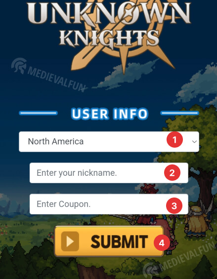 How to redeem codes in Unknown Knights: Pixel RPG, step 2