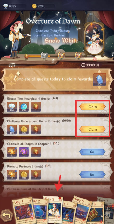 Ouverture Dawn quests (3rd day rewards)