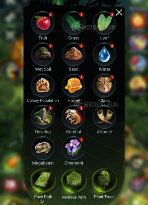 Territory build menu in the Beast Lord game