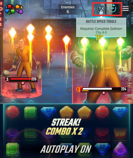 Autoplay and the Battle Speed Toggle buttons in DC Heroes & Villains