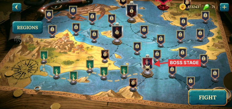 Campaign stages map and boss level in Pirate Ships game
