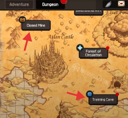 Dungeons Map in the Adventure tab in Slayer Legend