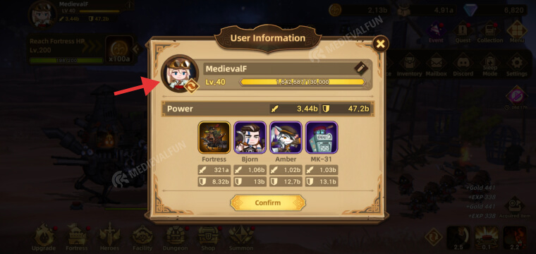 Customizing the game account in Fortress Saga: AFK RPG