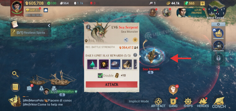 Attacking sea monsters for ship parts and resources