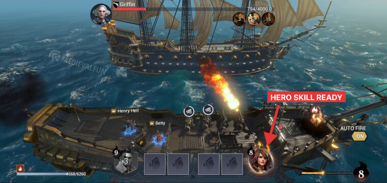 Hero skill ready to be used in naval combat in Sea of Conquest