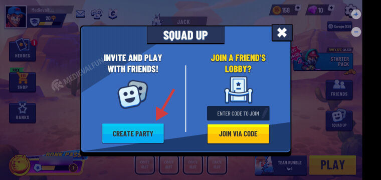 Creating a party via the Squad up feature in Battle Stars