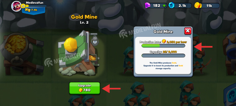 Upgrading a Gold Mine to produce more gold in Top Troops Adventure RPG
