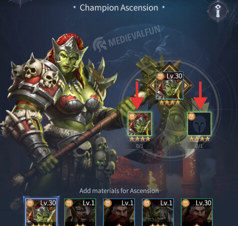 Using two hero copies to upgrade the star tier of a level 30 champion in Bloodline: Heroes of Lithas