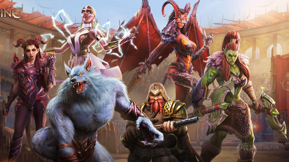 Bloodline: Heroes of Lithas characters of all classes featured on a fantasy battleground arena