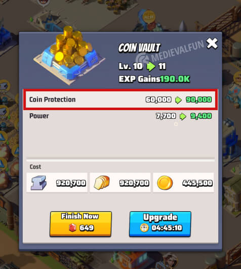 Upgrading the Coin Vault Last War Survival Game and the gold protection amount highlighted by a red rectangle 