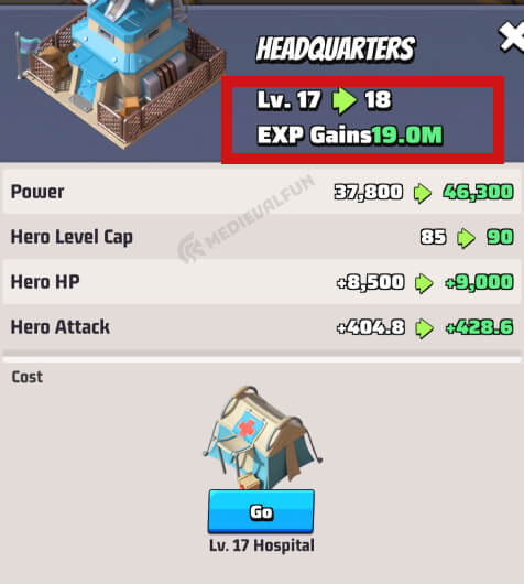 The amazing Hero EXP boost for upgrading Headquarters to level 18