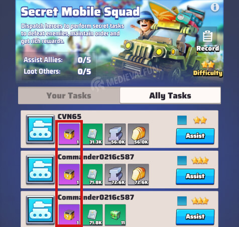 Mystery Supply Boxes highlighted by a red rectangle in the Secret Mobile Squad event rewards preview page