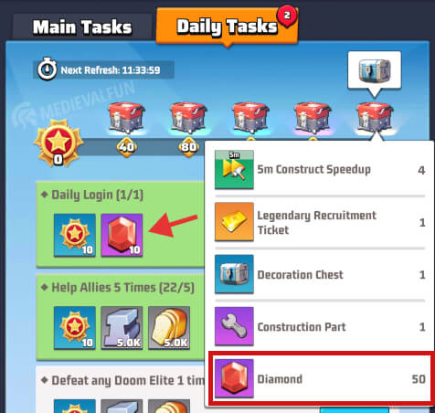 Daily Tasks diamond rewards highlighted by a red rectangle in Last War: Survival mobile game