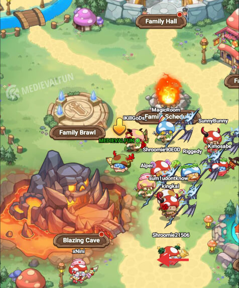 The Family (guild) window in Legend of Mushroom. Multiple mushroom characters gathered in the middle, surrounded by guild buildings