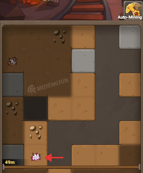 Digging Mine blocks for hidden items in Legend of Mushroom - a red arrow showcasing a Pal ticket