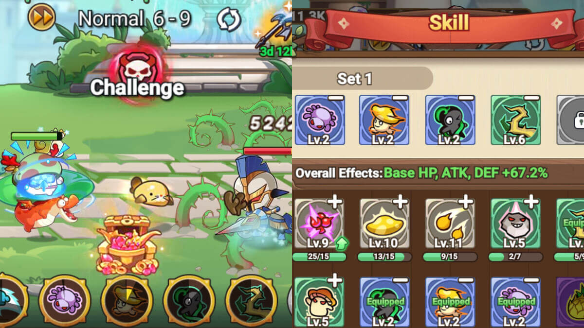 Legend of Mushroom characters fighting on the left side and the list of unlocked and equipped skills on the right side