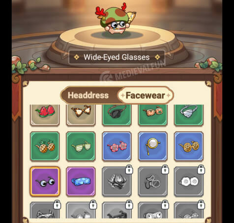 customizing the mushroom character in Legend of Mushroom. A list of various decoration items including glasses and helmets
