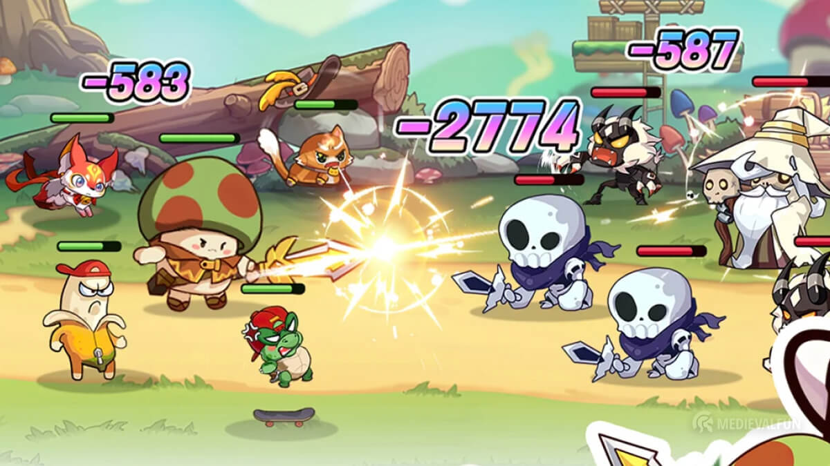 The Legend of Mushroom character and its companions fighting against enemies on a fantasy battlefield