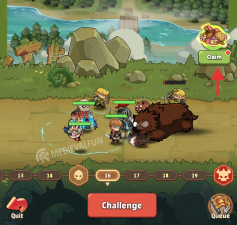 Playing the Expedition mode, level 16 and a red arrow pointing towards the button to claim the idle rewards
