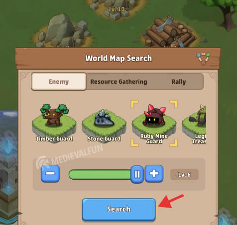 Using the world map search function to find resource mines and enemies. A red arrow pointing towards the search button