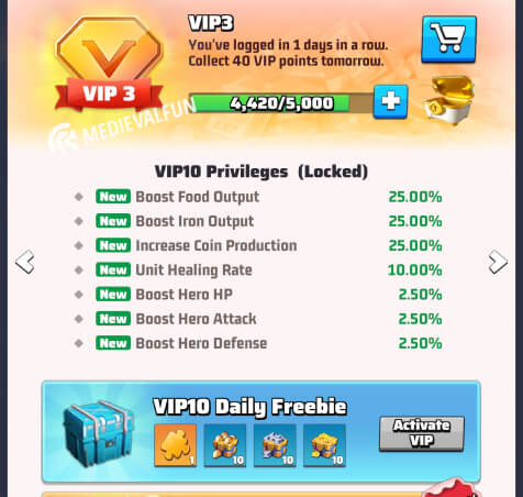 VIP level 10 benefits for base defense
