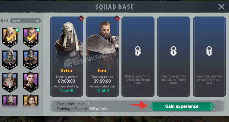 Upgrading 2 of our best heroes via the Squad Base in Viking Rise