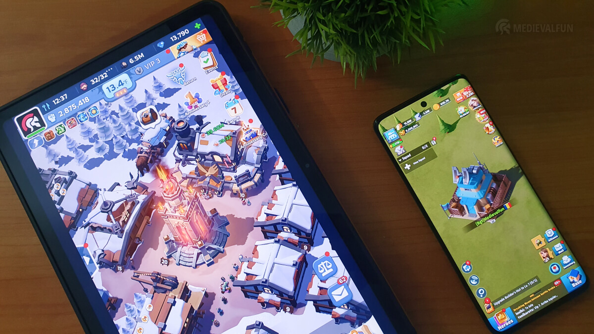 playing Whiteout Survival on a Xiaomi Pad 6 (left side) and Last War Survival Game on a Motorola Edge 40 smartphone (right side)