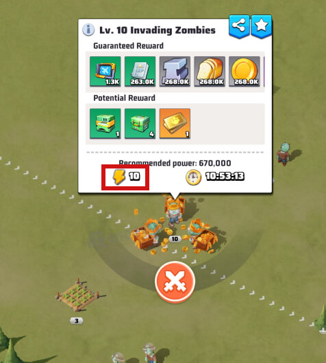 Zombie stamina cost highlighted by a red rectangle during the Zombie Invasion event in Last War Survival