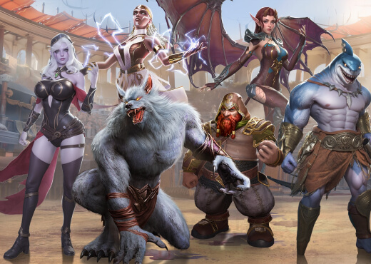 Bloodline: Heroes of Lithas characters of all classes featured on a fantasy battleground arena