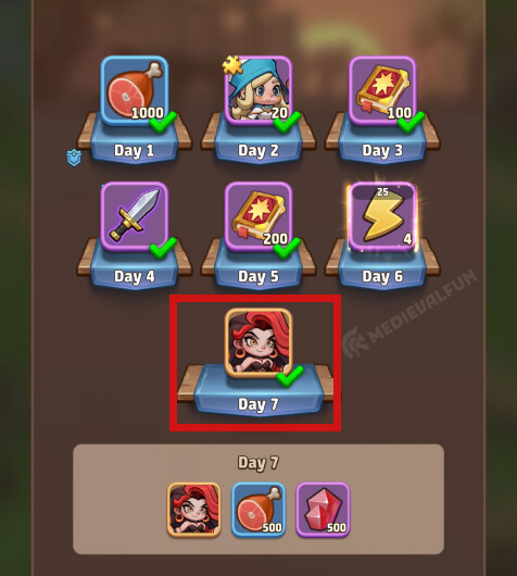Daily login rewards with the legendary hero rewards highlighted by a red rectangle