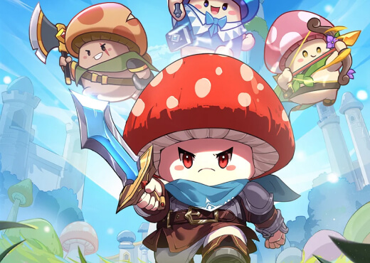 Legend of Mushroom characters fighting on the left side and the list of unlocked and equipped skills on the right side